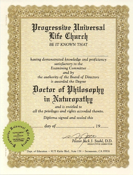 Naturopathic diploma from Progressive Universal Life Church